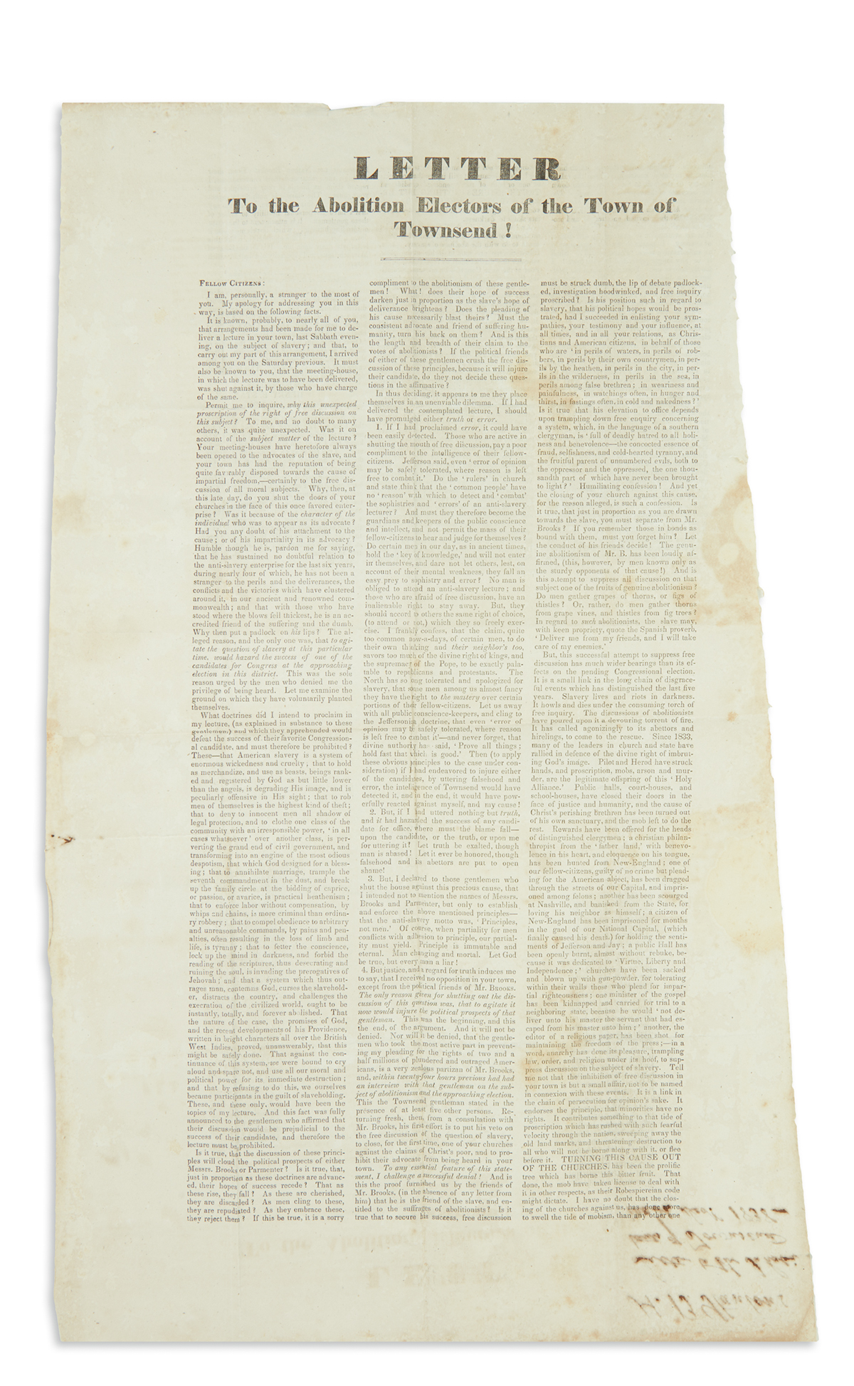 (SLAVERY AND ABOLITION.) Stanton, Henry Brewster. Letter to the Abolition Electors of the Town of Townsend!